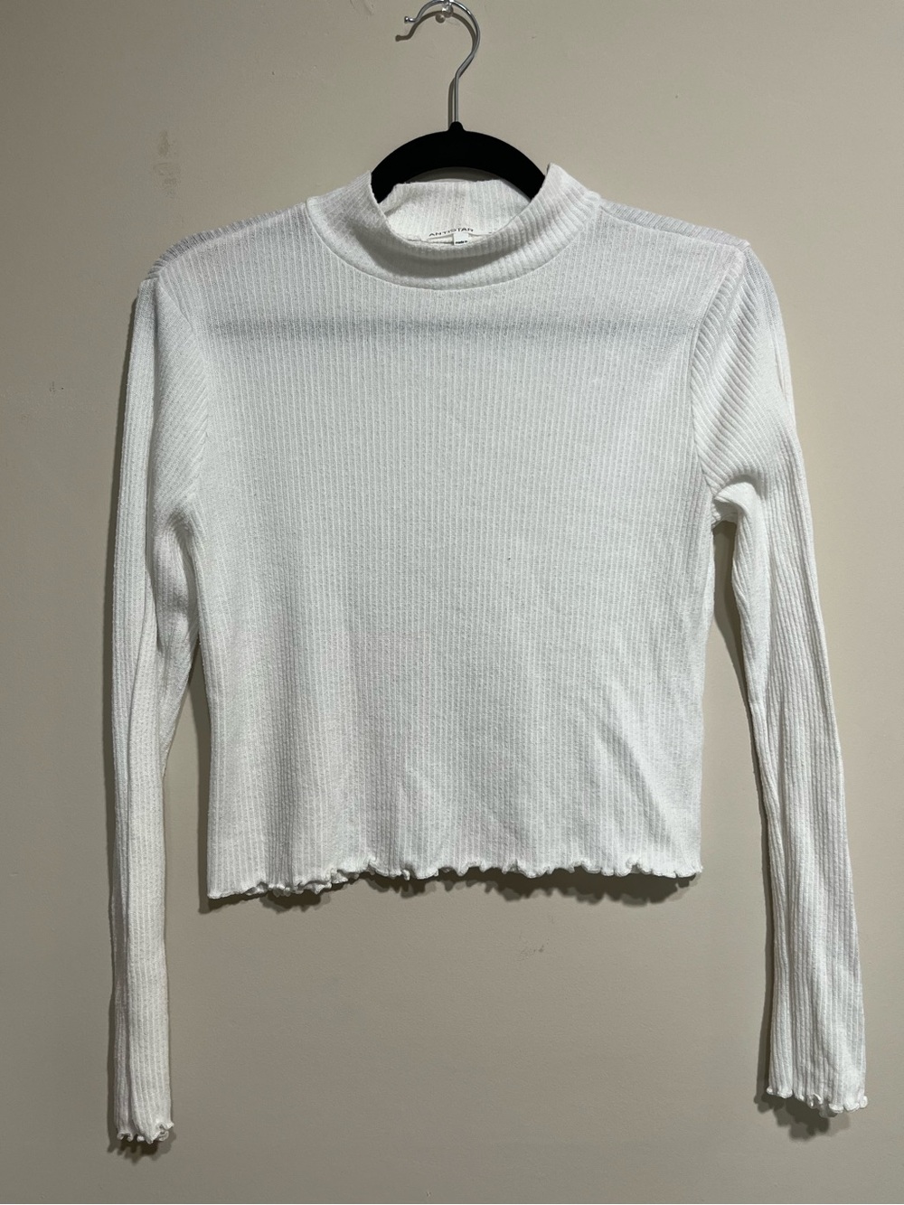 White Lettuce Edge Ribbed Mock Neck